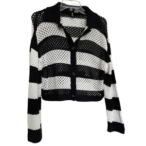 H&M Divided Black White Rugby Striped Open Knit Crochet Cropped Cardigan Sz M